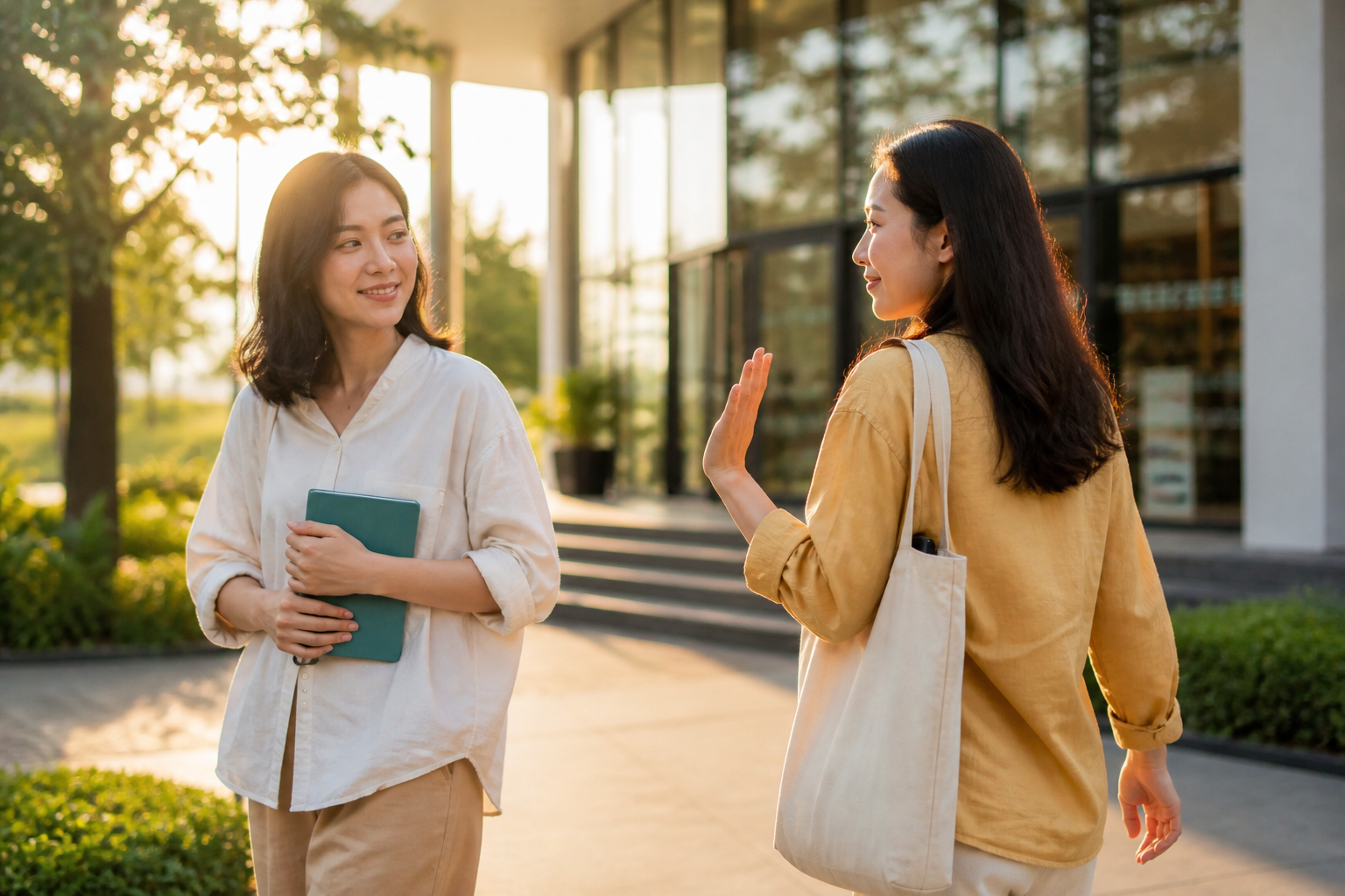 Hai người bạn kết thúc cuộc trò chuyện thân thiện trước trung tâm học tập