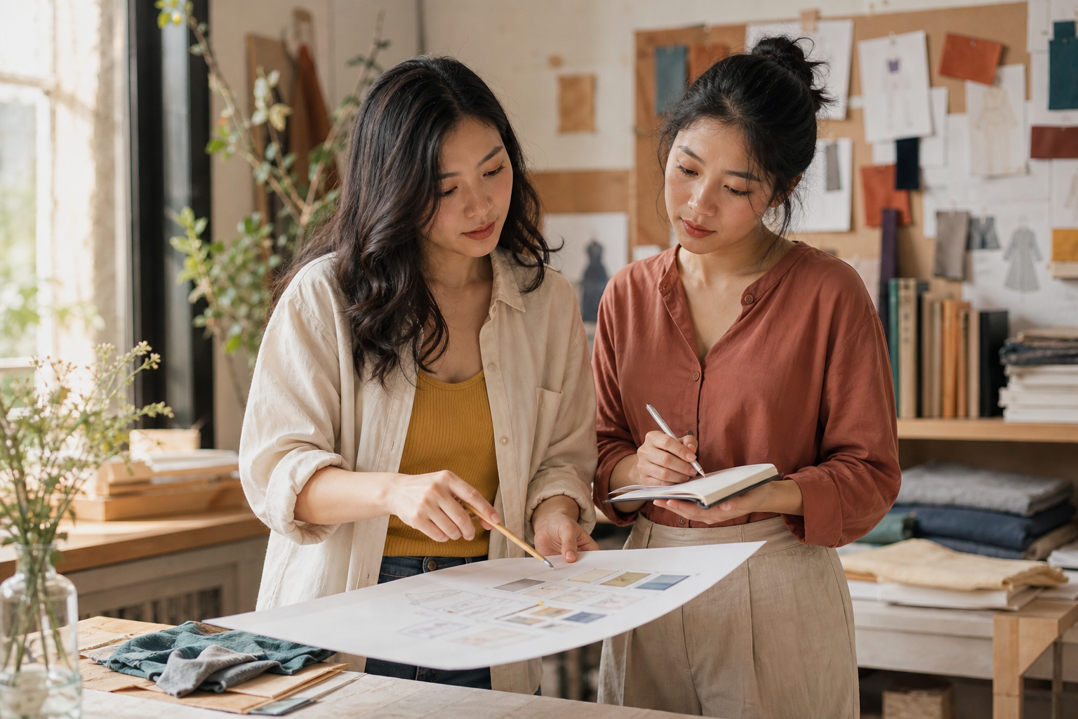 Hai đồng nghiệp trao đổi góp ý tích cực trong studio sáng tạo