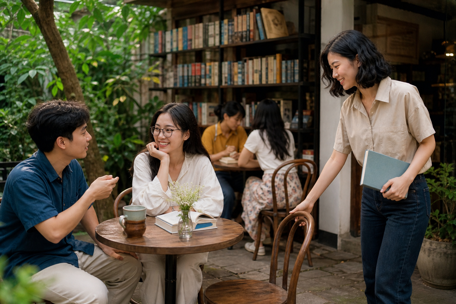 Một người trẻ tự nhiên tham gia cuộc trò chuyện tại quán cà phê ngoài trời
