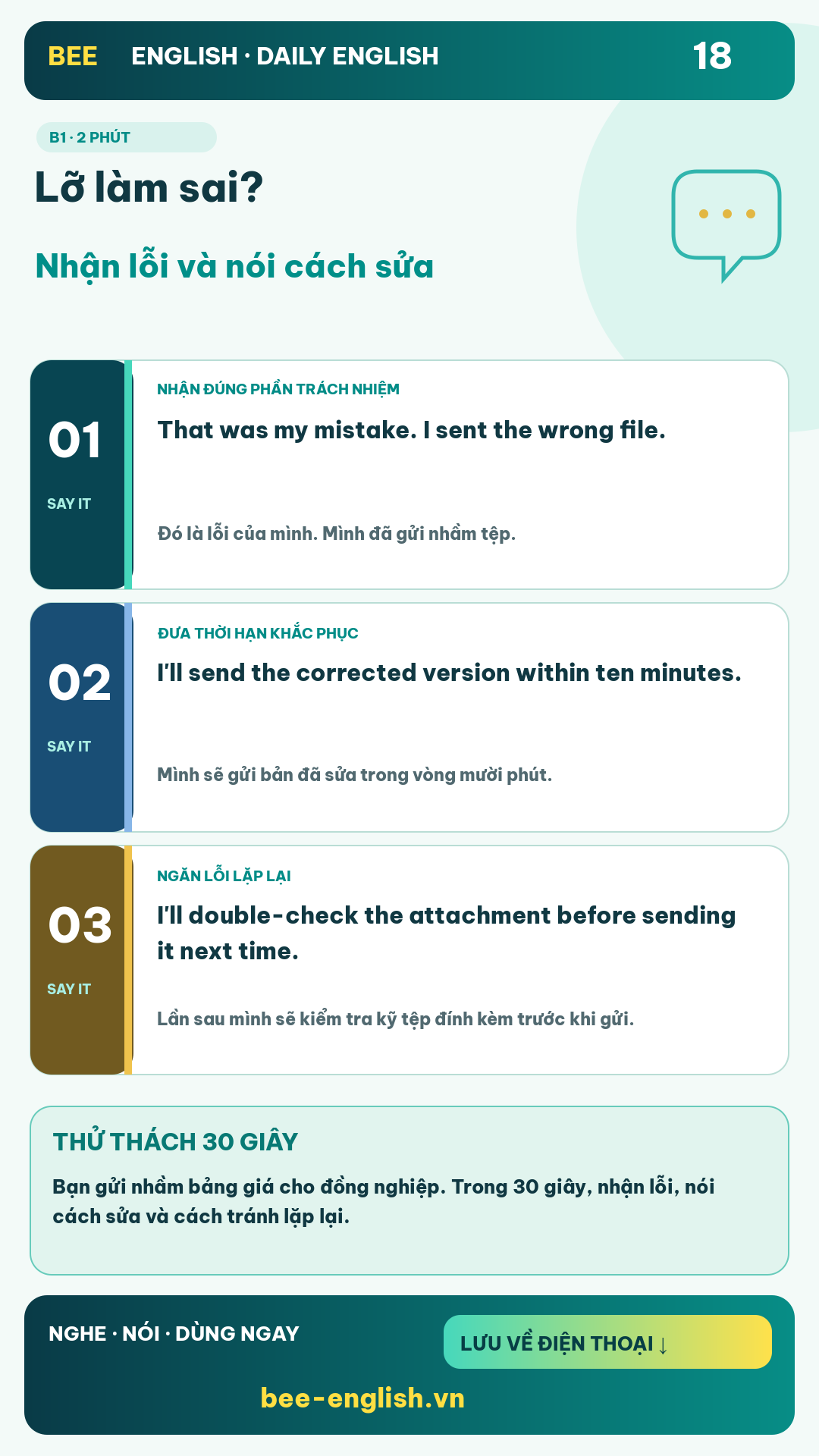 Thẻ học Daily English 18: Lỡ làm sai? Nhận lỗi và nói cách sửa