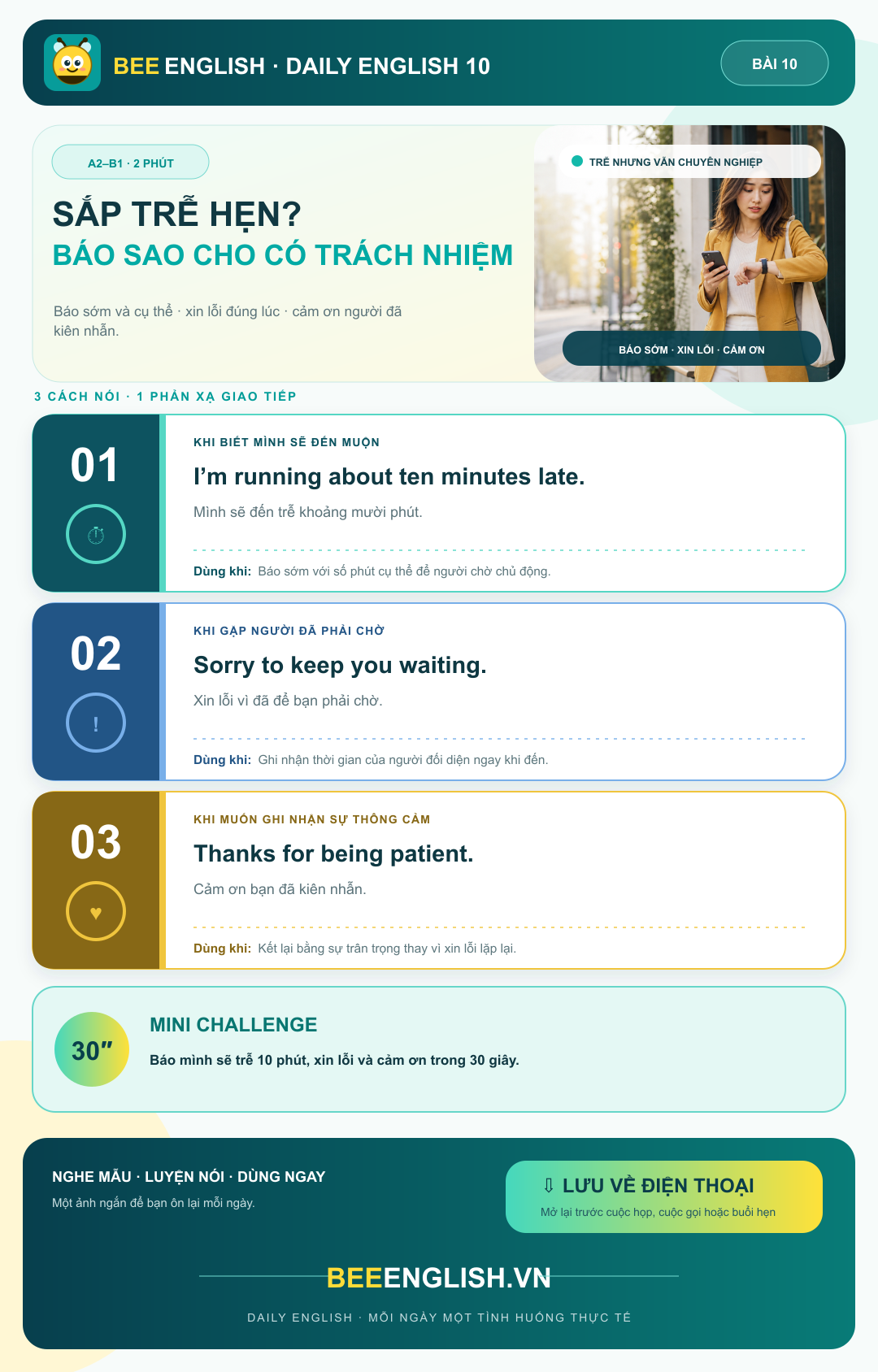 Ba bước xử lý khi đến trễ bằng tiếng Anh