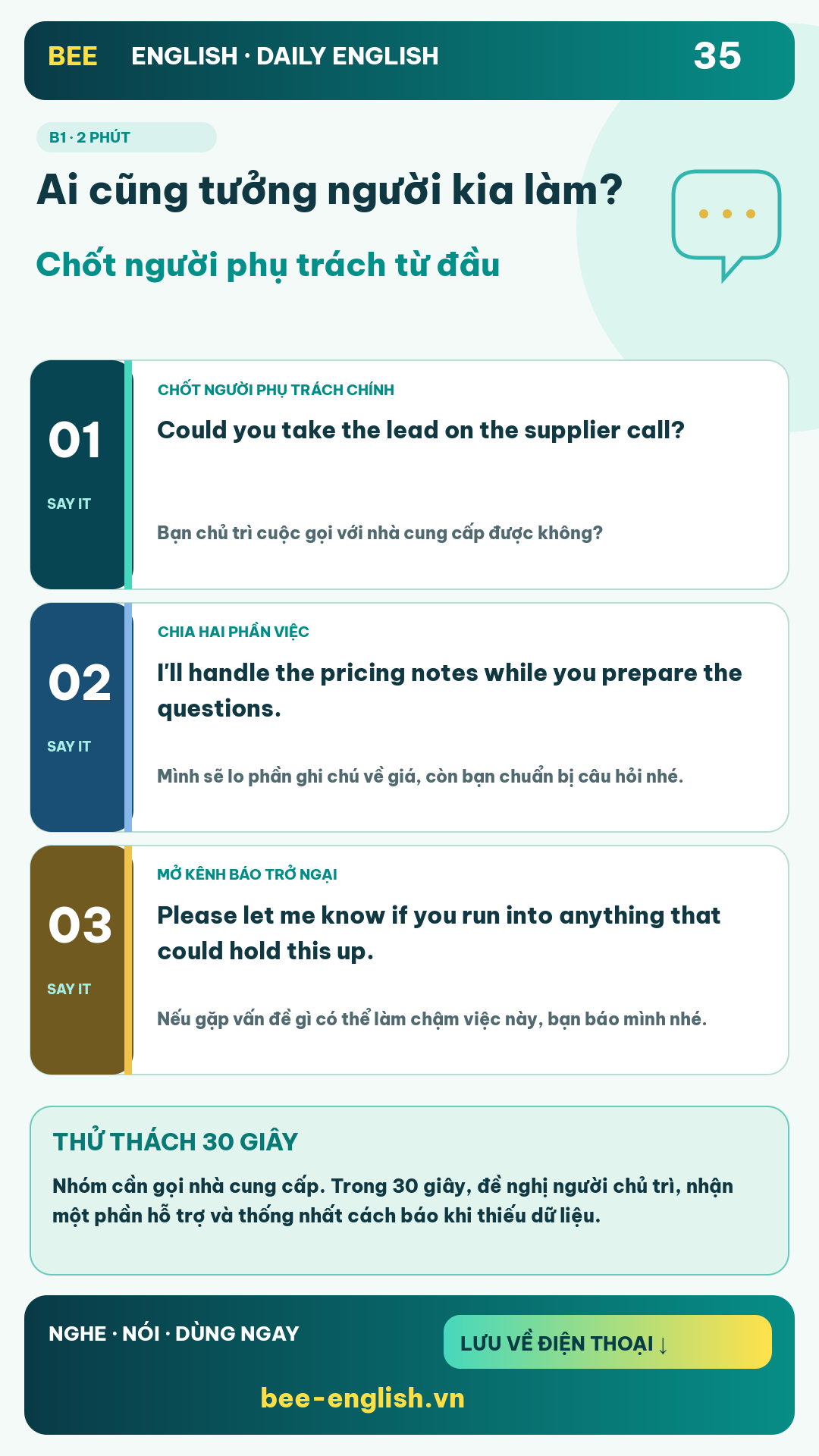 Thẻ học Daily English 35: Ai cũng tưởng người kia làm? Chốt người phụ trách từ đầu