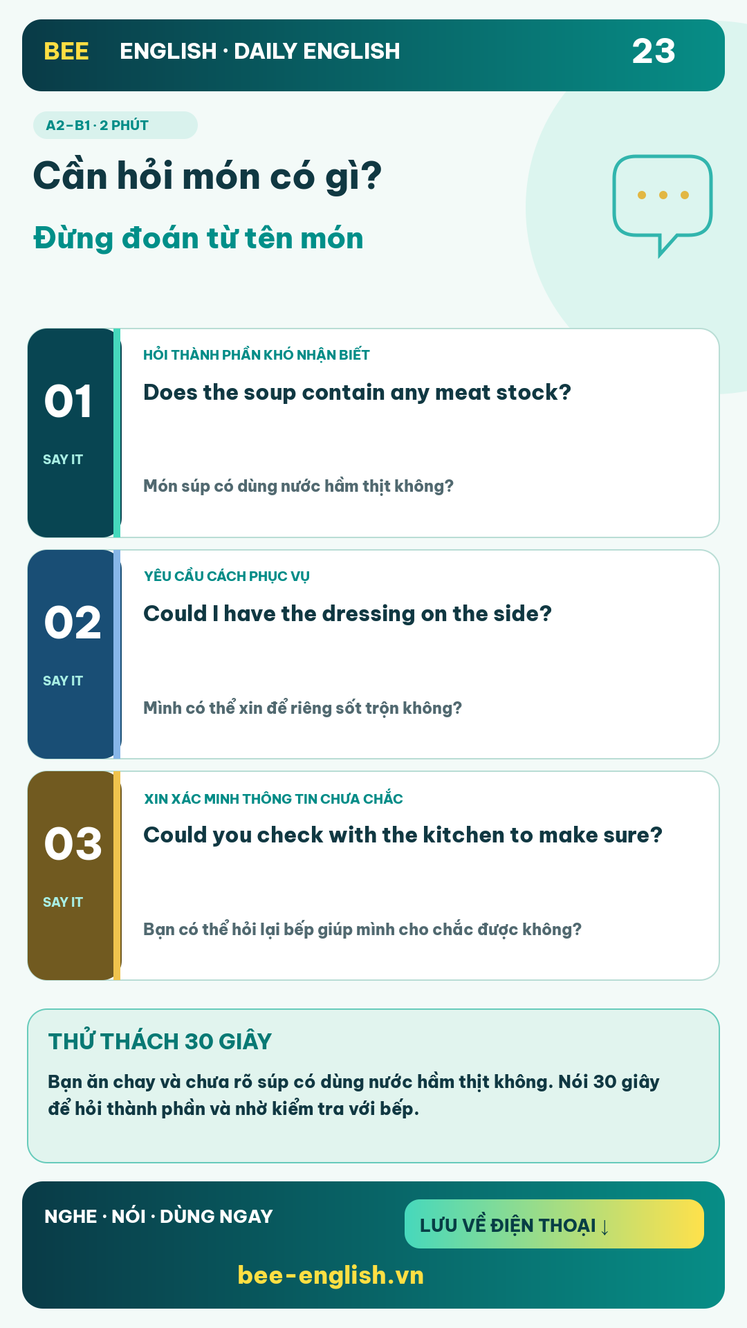 Thẻ học Daily English 23: Cần hỏi món có gì? Đừng đoán từ tên món