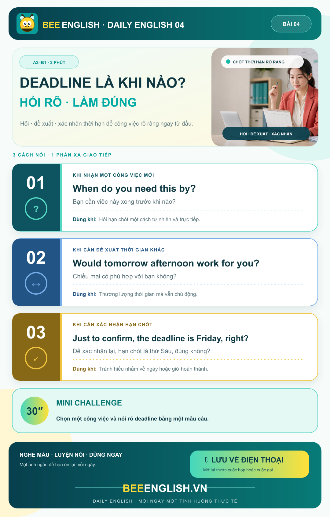 Ảnh học tập BeeEnglish với ba cách làm rõ thời hạn bằng tiếng Anh