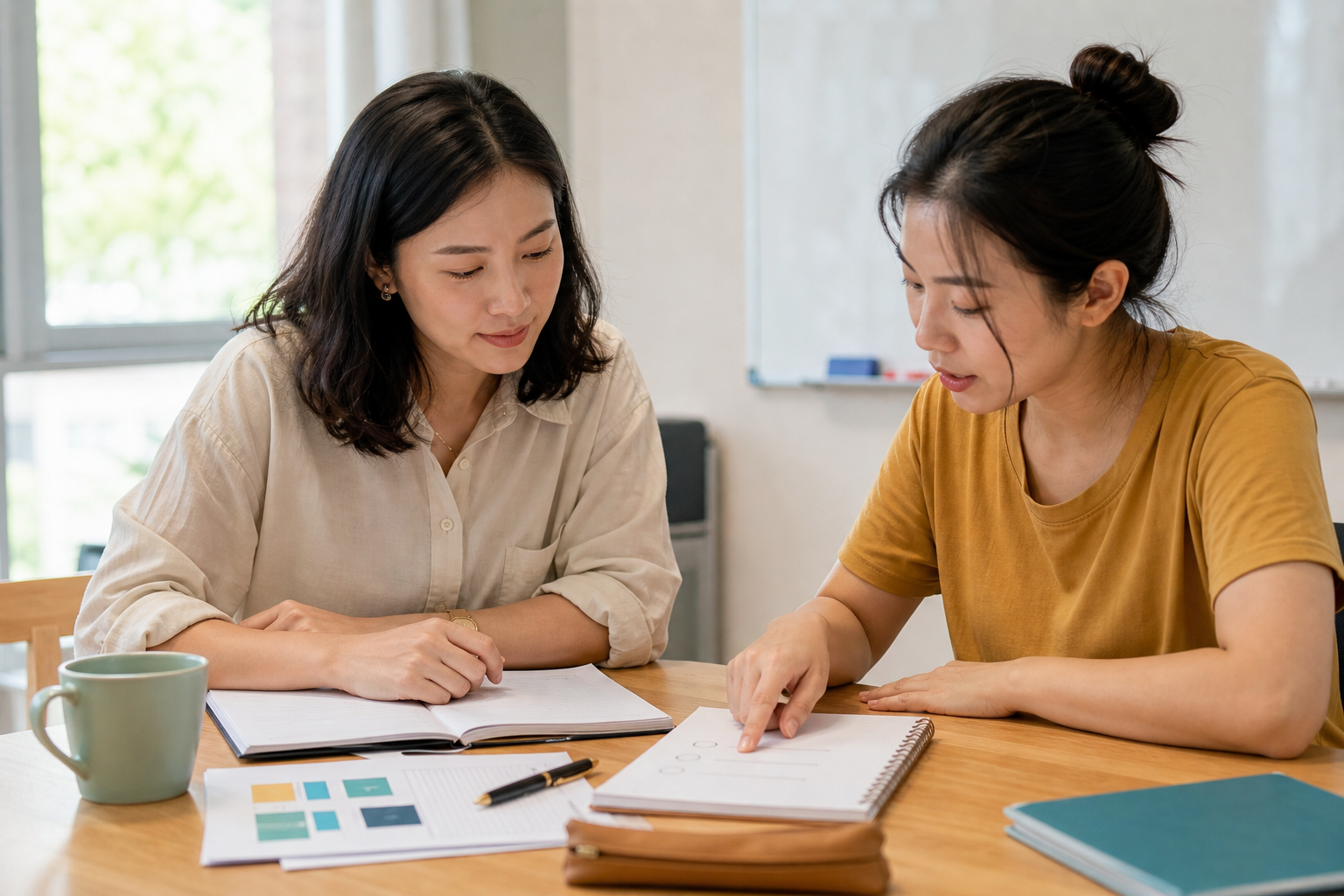 Hai người học cùng kiểm tra lại yêu cầu trên một danh sách công việc