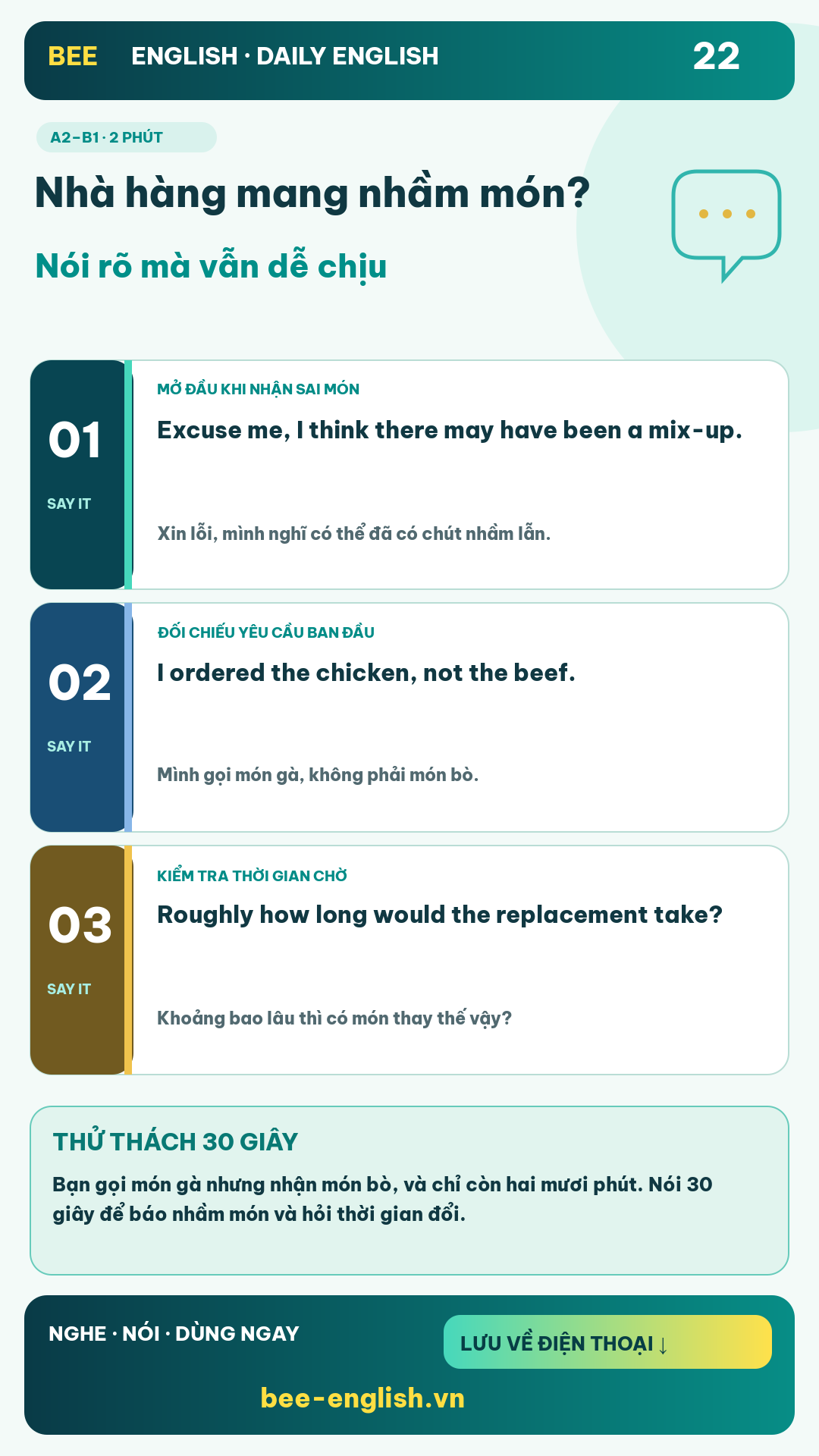 Thẻ học Daily English 22: Nhà hàng mang nhầm món? Nói rõ mà vẫn dễ chịu