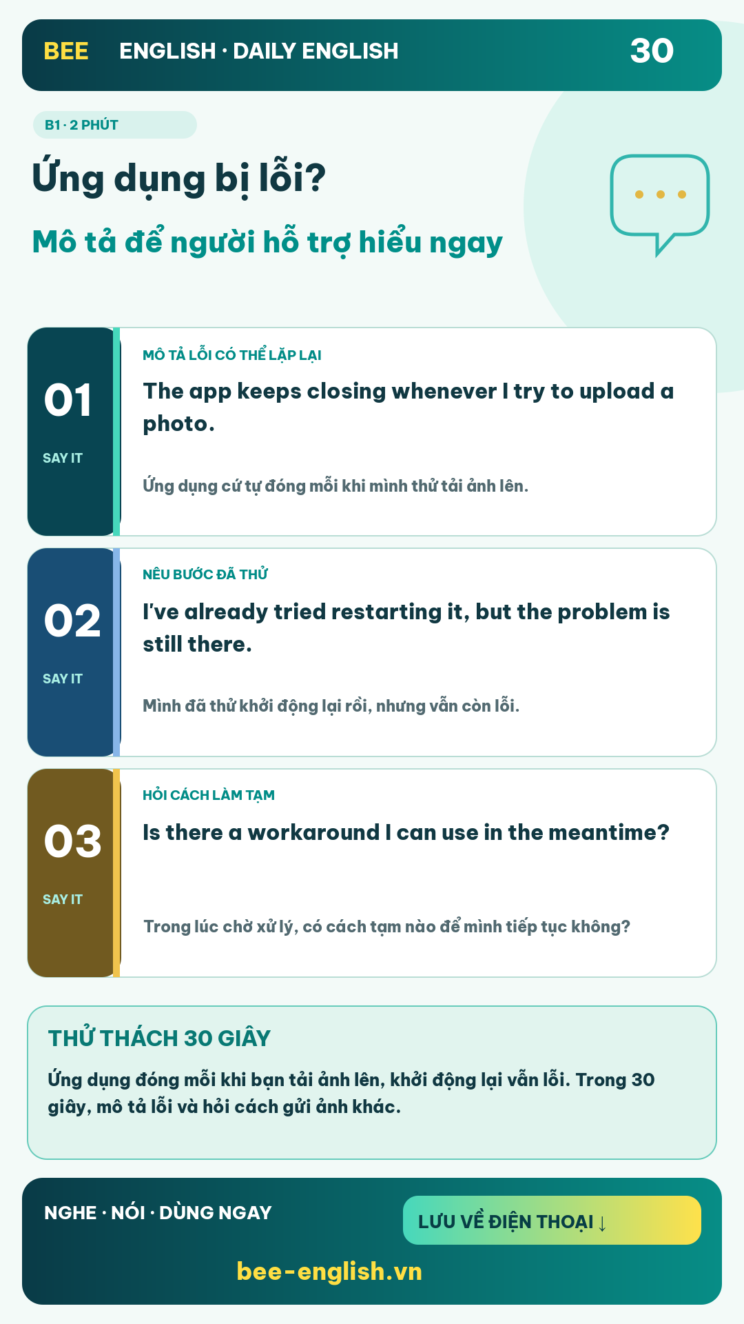 Thẻ học Daily English 30: Ứng dụng bị lỗi? Mô tả để người hỗ trợ hiểu ngay