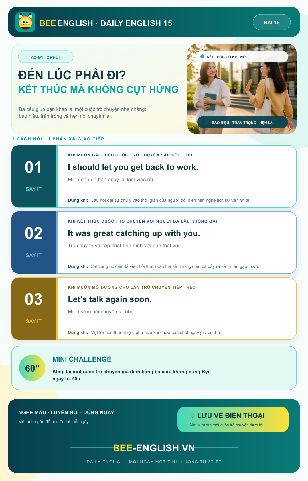 Thẻ học BeeEnglish Daily English 15 với ba mẫu câu về đến lúc phải đi?
