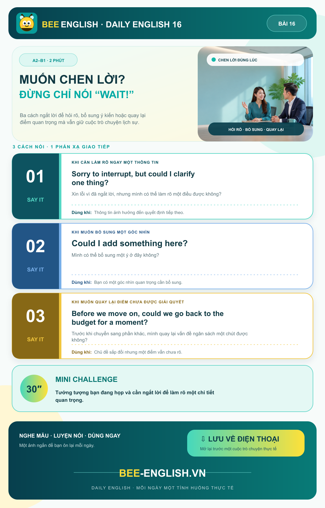 Thẻ học BeeEnglish Daily English 16: Muốn chen lời? Đừng chỉ nói “Wait!”