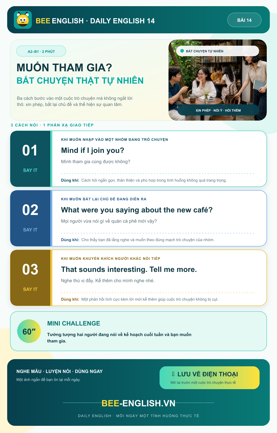 Thẻ học BeeEnglish Daily English 14 với ba mẫu câu về muốn tham gia?
