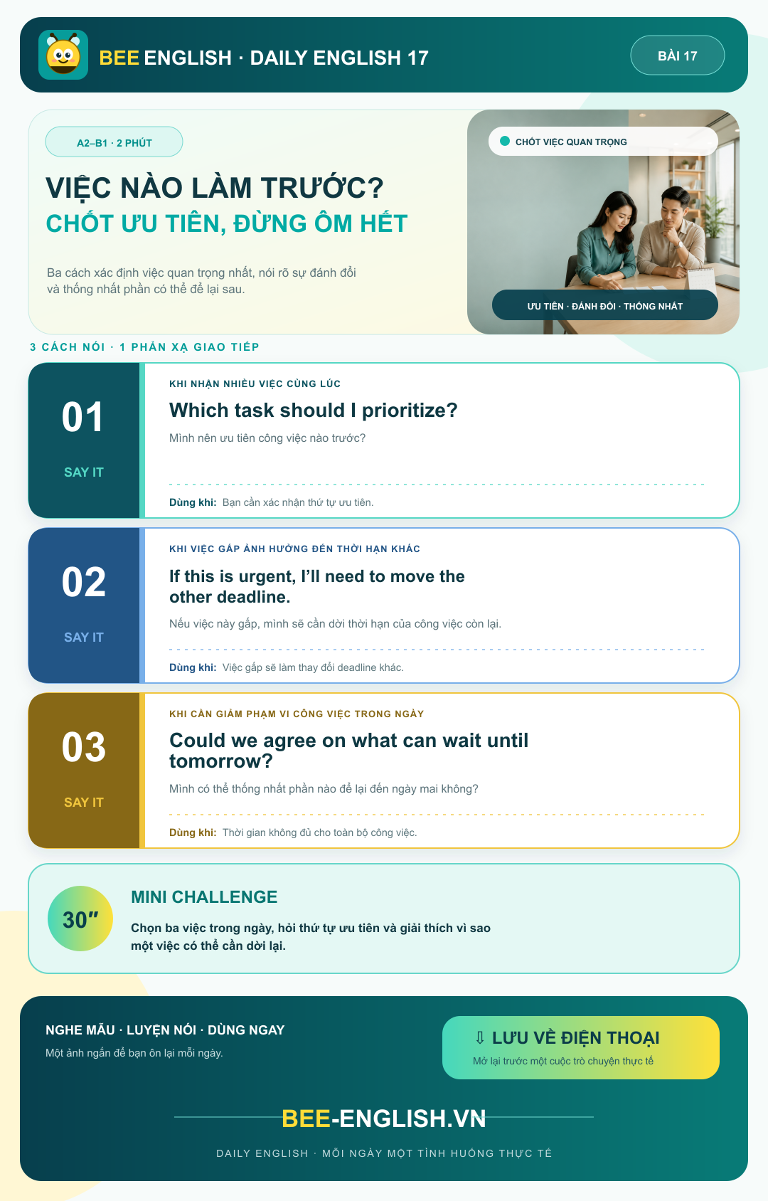 Thẻ học BeeEnglish Daily English 17: Việc nào làm trước? Chốt ưu tiên, đừng ôm hết