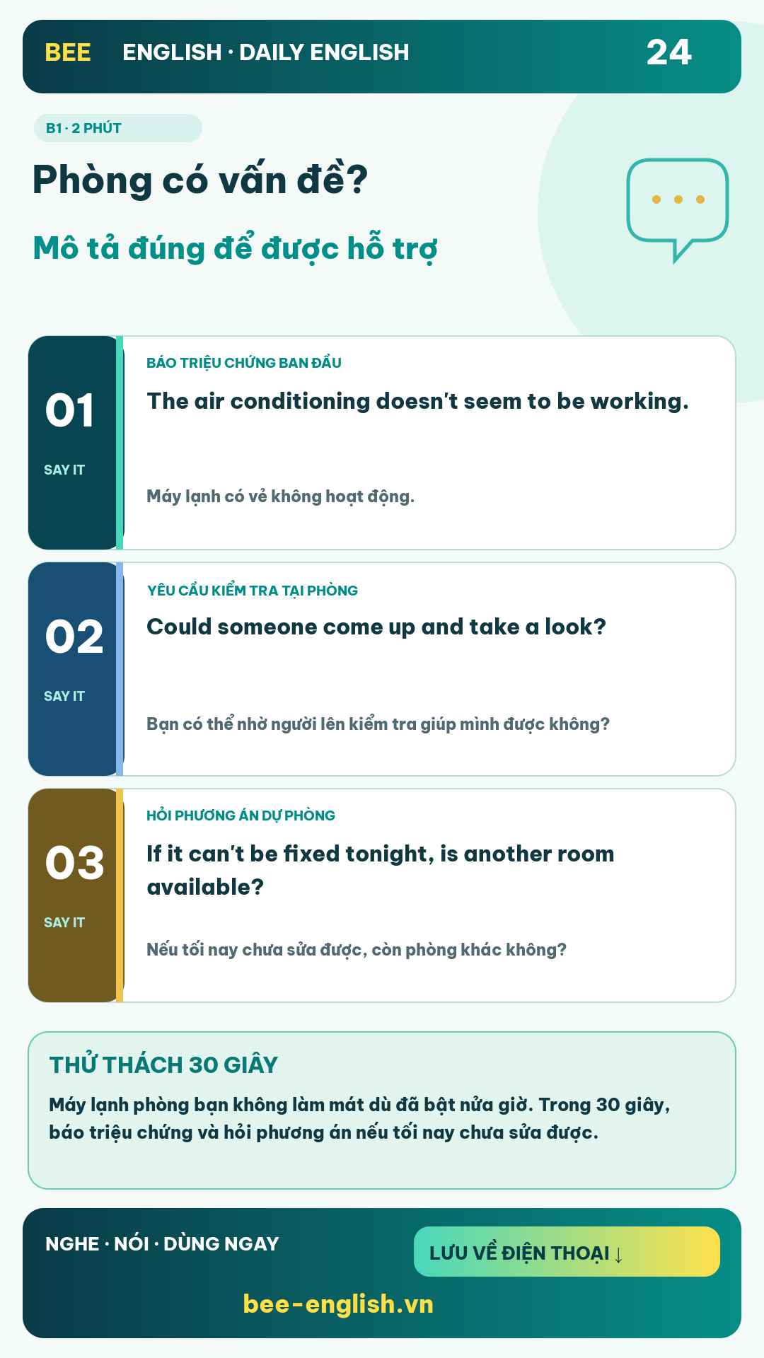 Thẻ học Daily English 24: Phòng có vấn đề? Mô tả đúng để được hỗ trợ