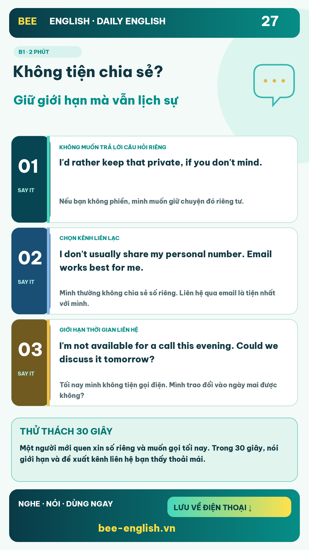 Thẻ học Daily English 27: Không tiện chia sẻ? Giữ giới hạn mà vẫn lịch sự